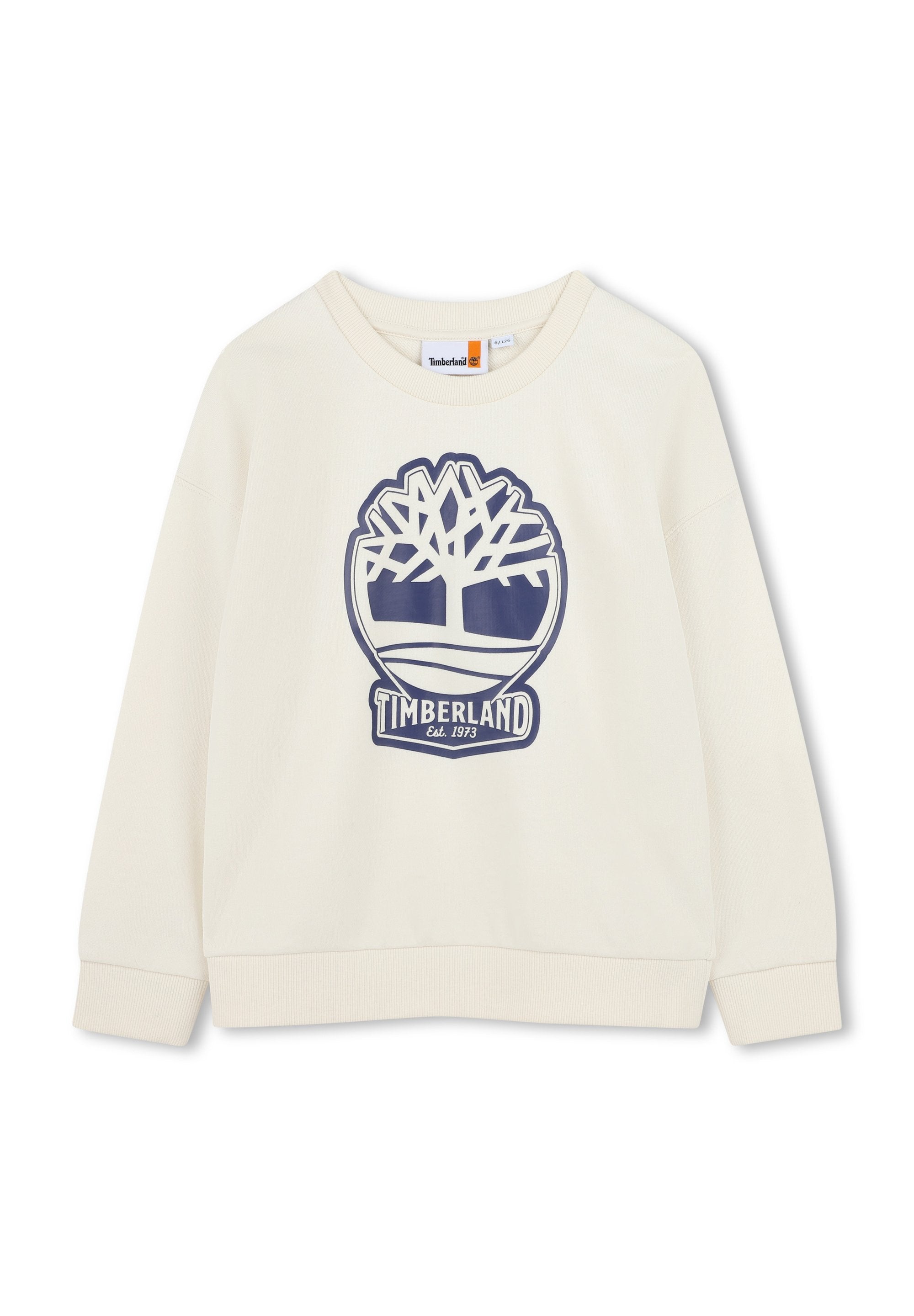 Cremfarbener Sweatshirt mit Rundhalsausschnitt und langen Ärmeln. Besitzt ein blaues Logo-Grafik eines Baums und den Schriftzug "Timberland" in der Mitte.