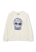 Cremfarbener Sweatshirt mit Rundhalsausschnitt und langen Ärmeln. Besitzt ein blaues Logo-Grafik eines Baums und den Schriftzug "Timberland" in der Mitte.