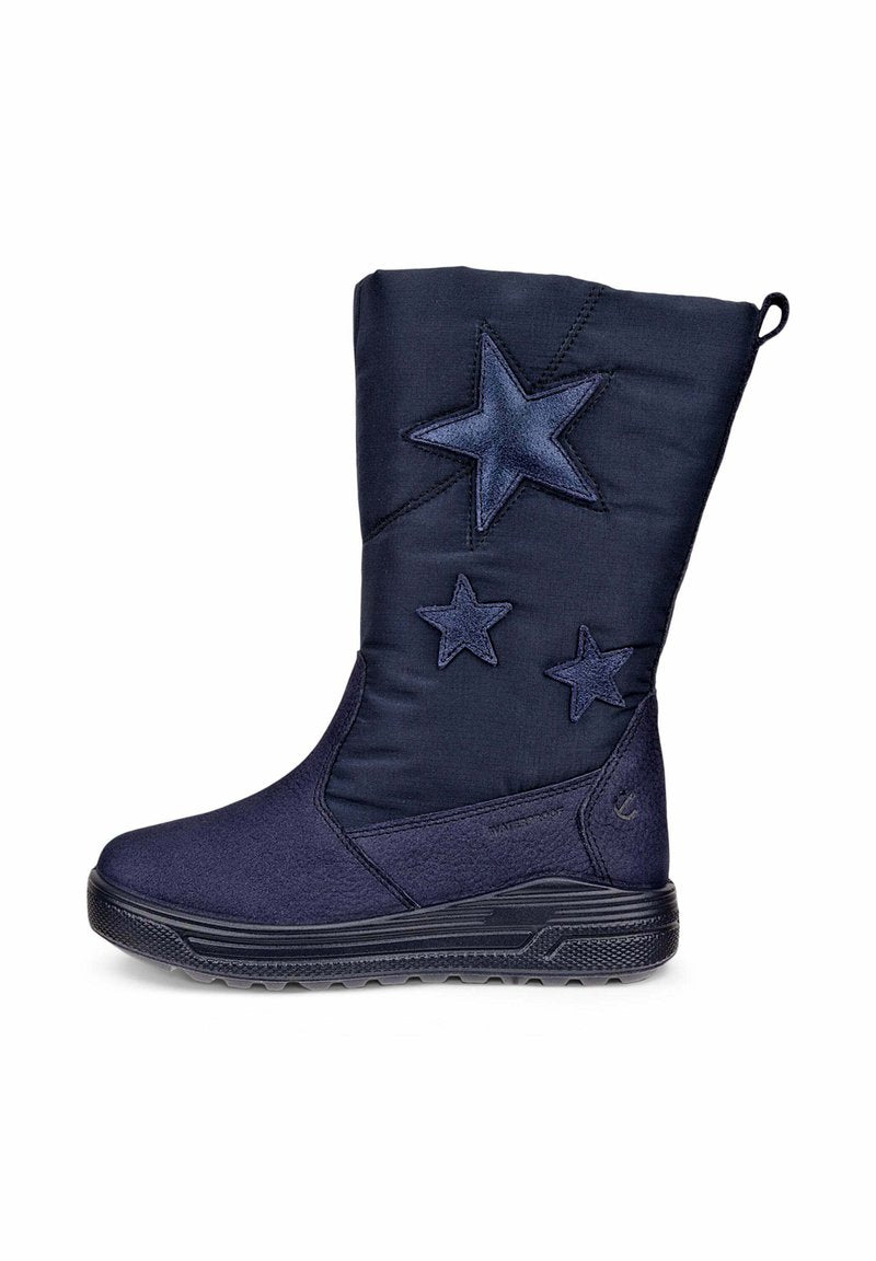 Marineblauer wasserdichter Stiefel mit strukturiertem Obermaterial, ausgestattet mit drei Stoffsternen in unterschiedlichen Größen. Robuste schwarze Gummisohle für besseren Halt.