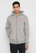Grauer Reißverschluss-Hoodie aus weichem Stoff, mit einer Fronttasche und Kapuze mit Zugband. Rosa Logo auf der Brust. Gerippte Ärmelbündchen und Saum.