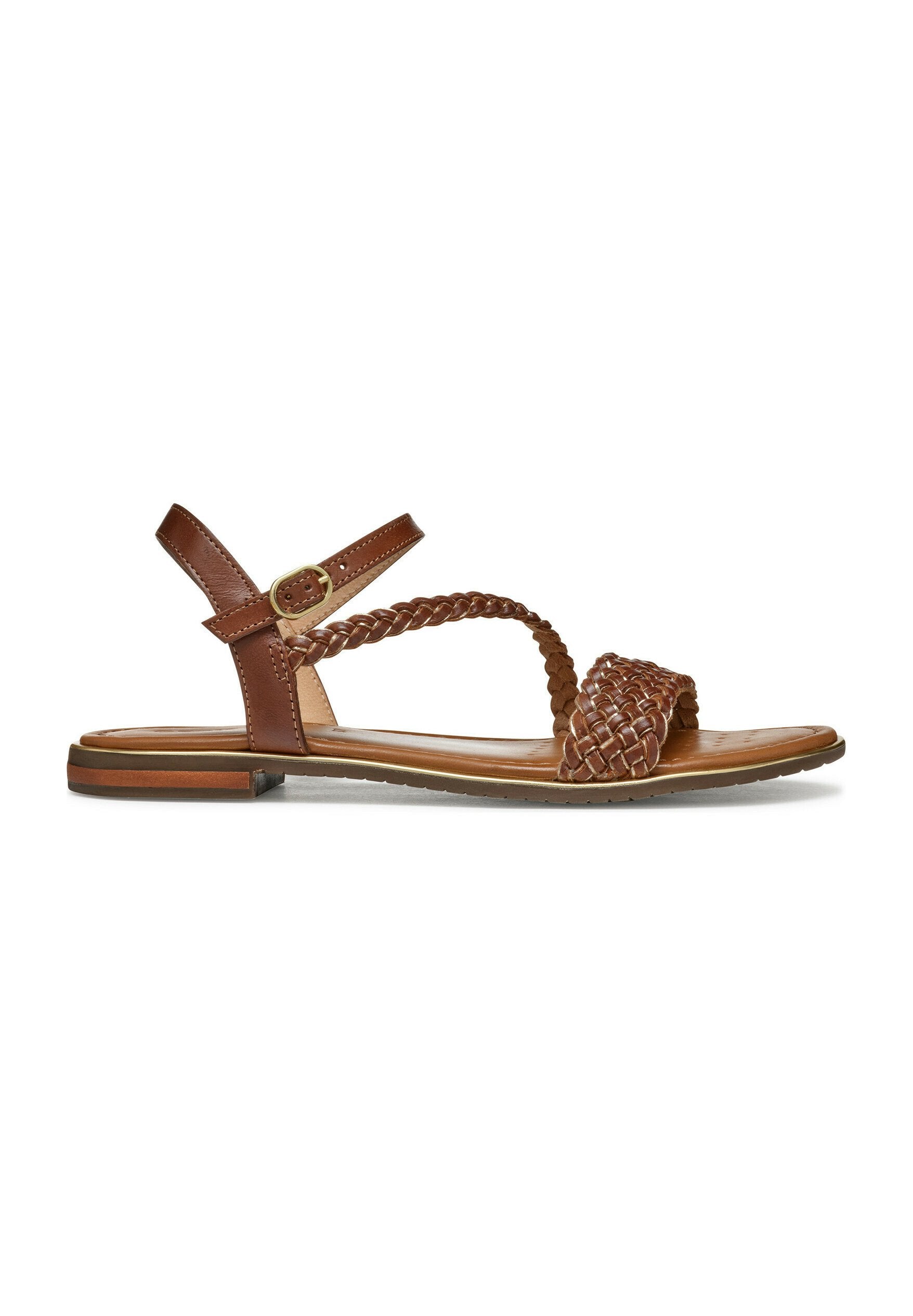 Braune Ledersandalen mit einem geflochtenen Riemendesign, einem Knöchelriemen und einer flachen Sohle. Die Sandalen haben eine glatte Oberfläche und minimalen Hardwareeinsatz.