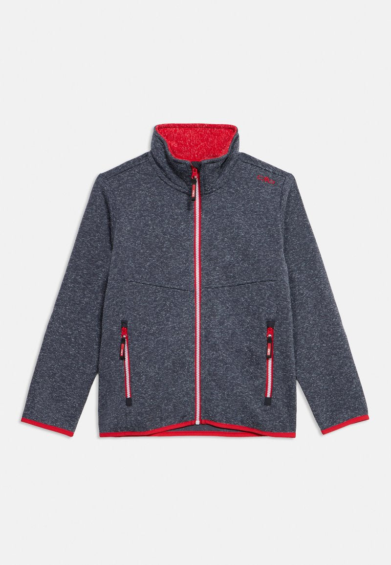 Dunkelgraue Fleecejacke zum Reißverschluss mit rotem Innenfutter, roten Reißverschlusskanten, zwei seitlichen Reißverschlusstaschen sowie rotem Besatz an Bündchen und Saum.