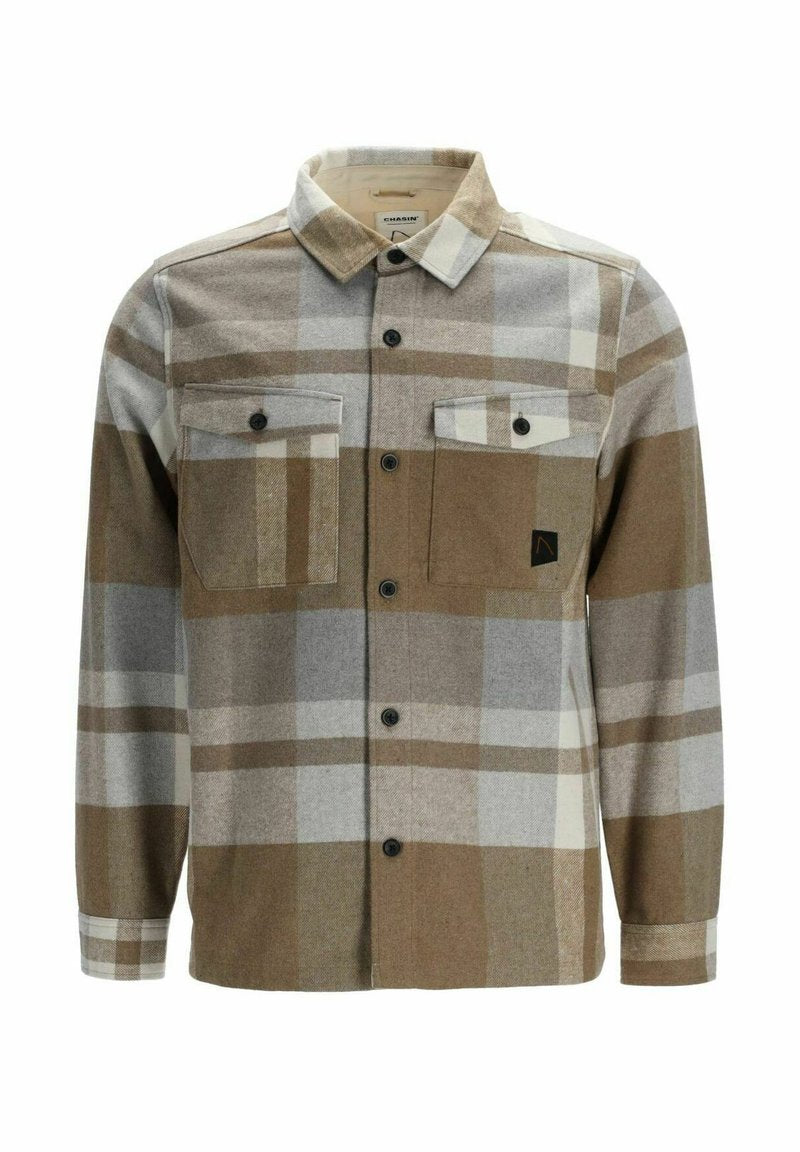 Braun und grau karierter Hemd mit Button-Down-Kragen, zwei Brusttaschen, schwarzen Knöpfen und einem strukturierten, wollähnlichen Stoff.