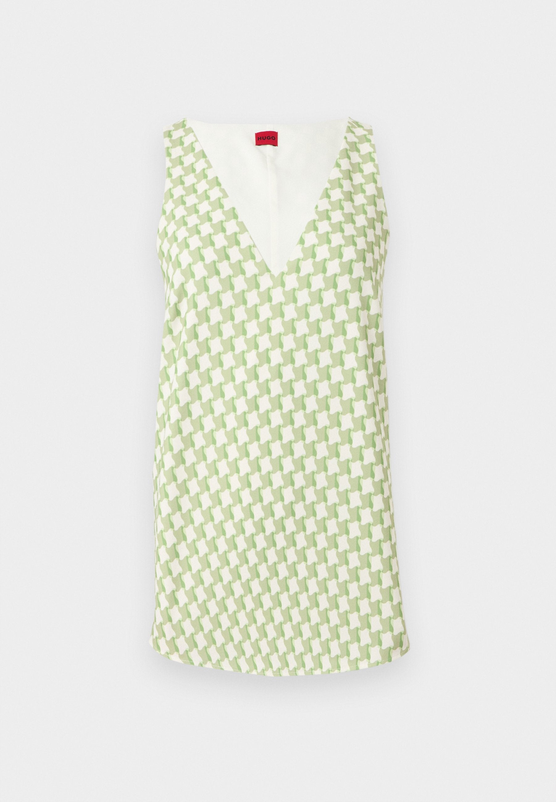 Ärmelloses Kleid mit tiefem V-Ausschnitt, mit grün-weißem Hahnentrittmuster, vor einfachem Hintergrund dargestellt.