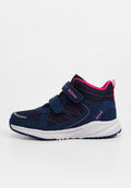 Marineblaue Sportschuhe mit einem strukturierten Obermaterial, pinken Akzenten, Klettverschlüssen und einer gepolsterten weißen Sohle. Verfügt über ein strapazierfähiges Design.