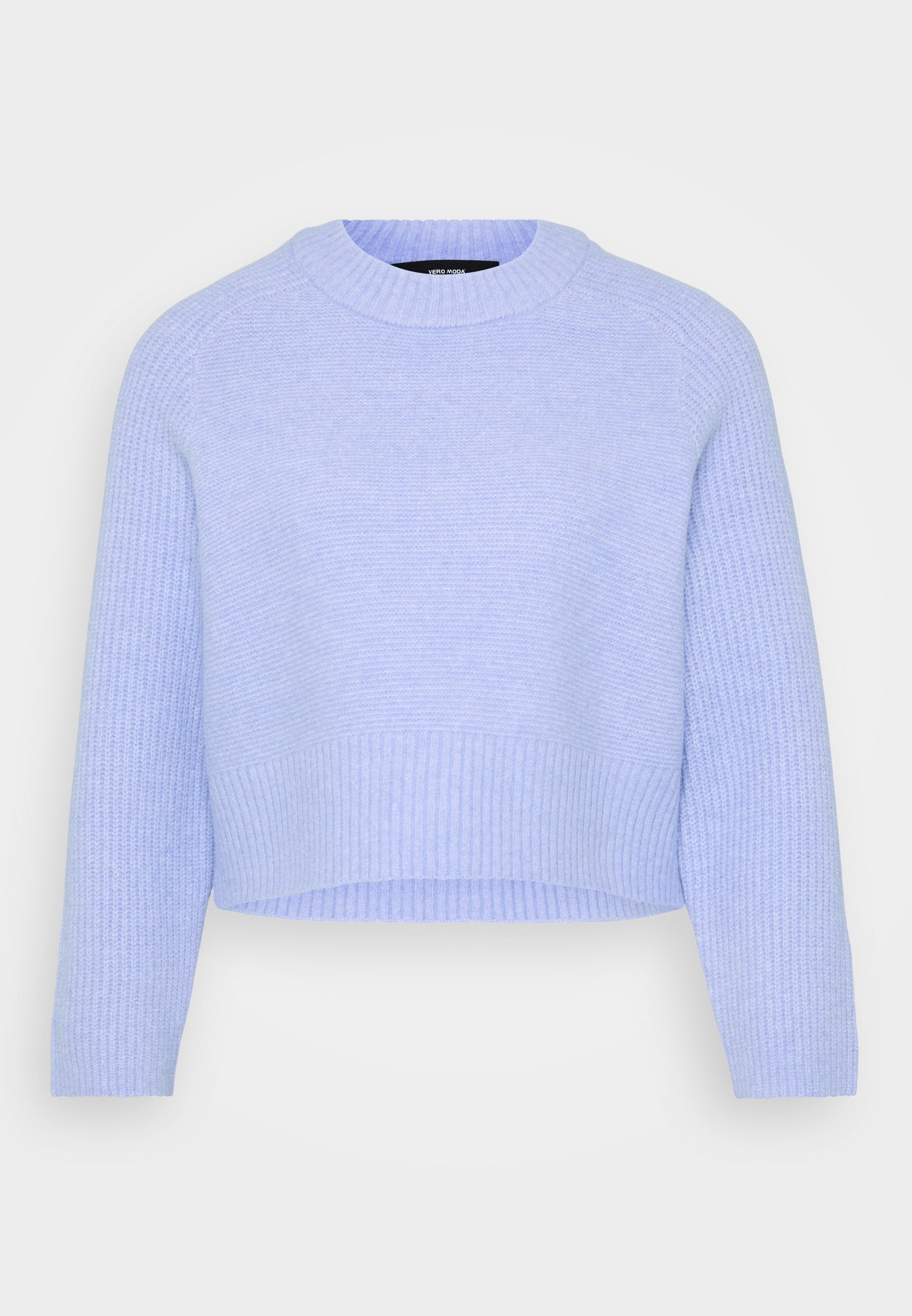Helles blaues, verkürztes Sweatshirt aus weichem, strukturiertem Stoff, mit einem gerippten Hals- und Saumabschluss sowie langen Ärmeln.