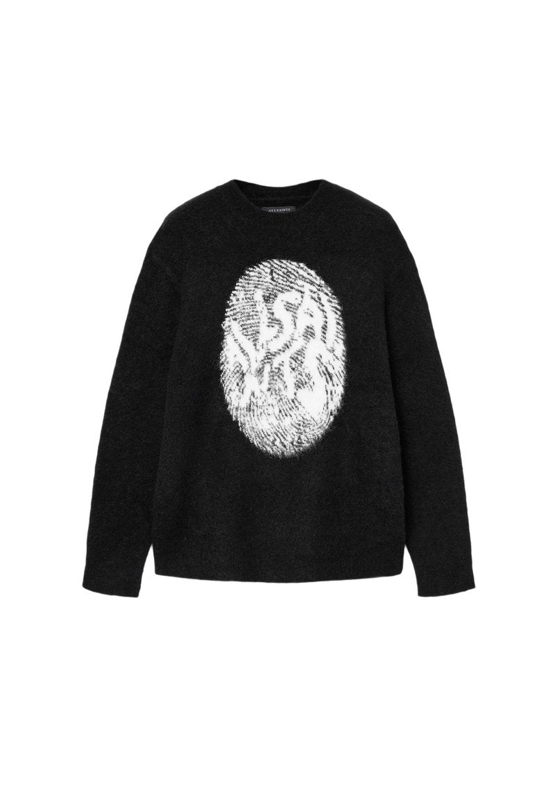 Schwarzer Pullover aus weichem Stoff mit einem großen weißen Grafikdesign in Form eines Ovals, das in der Mitte abstrakte Linien und Muster aufweist.