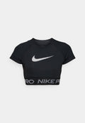Schwarzes, kurzes Sportoberteil mit kurzen Ärmeln, das ein weißes Nike-Logo und ein schwarzes Band mit dem Schriftzug "PRO NIKE" am unteren Ende aufweist.