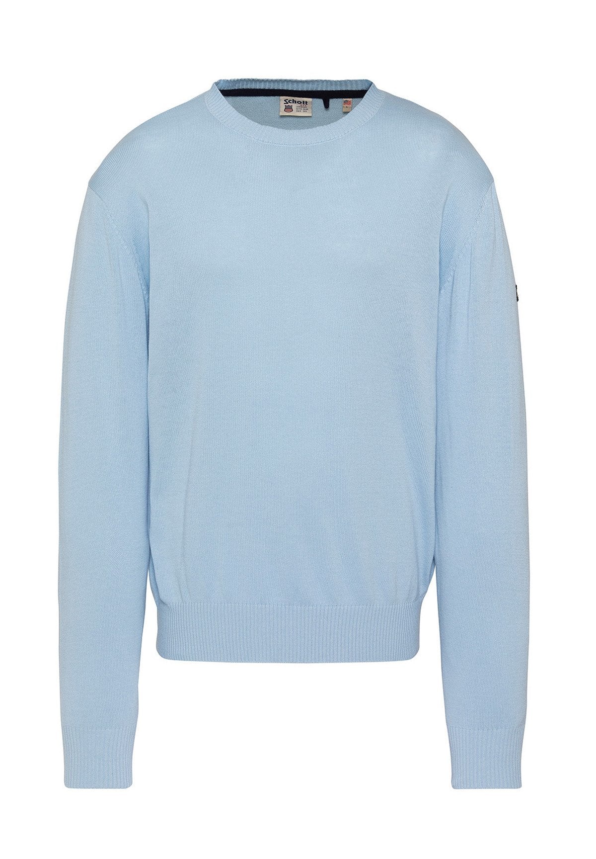 Hellblauer Pullover mit langen Ärmeln und Rundhalsausschnitt, mit gerippten Bündchen und Saum, gefaltetem Strickstoff und kleinem Markenetikett im Kragen.