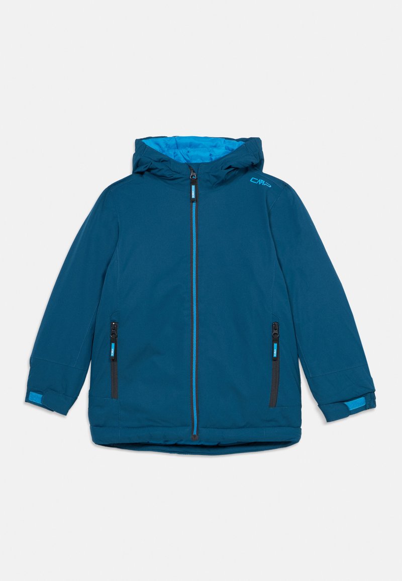 Türkisfarbene Outdoorjacke mit Kapuze, durchgehendem Reißverschluss, schwarzen Reißverschlüssen, zwei Fronttaschen und blauen Akzenten an Bündchen und Innenfutter.