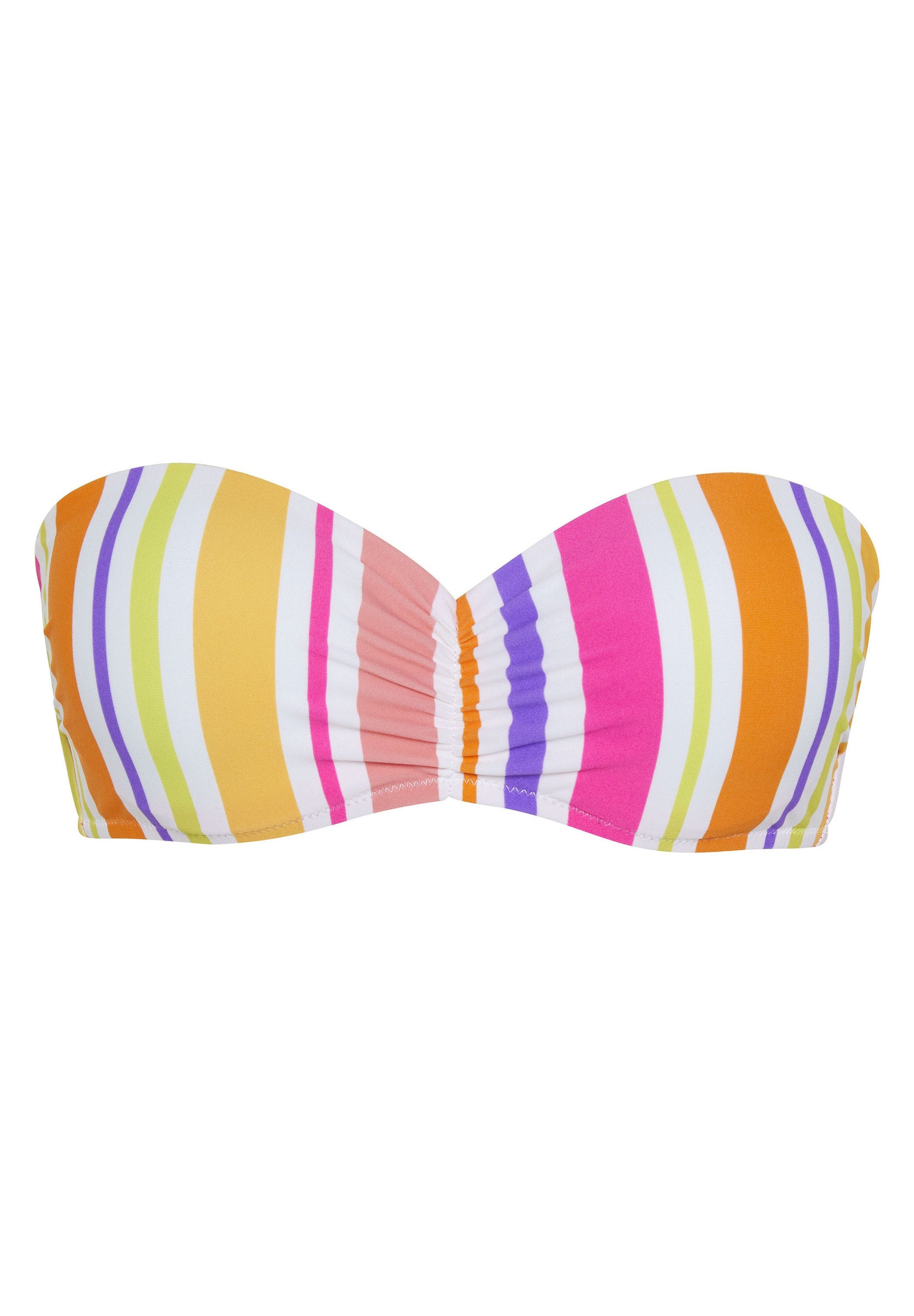Gestreifter Bandeau-Bikini-Oberteil mit pinken, orangen, gelben und grünen Linien. Hergestellt aus glattem Stoff mit geraffter Textur in der Mitte.