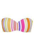 Gestreifter Bandeau-Bikini-Oberteil mit pinken, orangen, gelben und grünen Linien. Hergestellt aus glattem Stoff mit geraffter Textur in der Mitte.