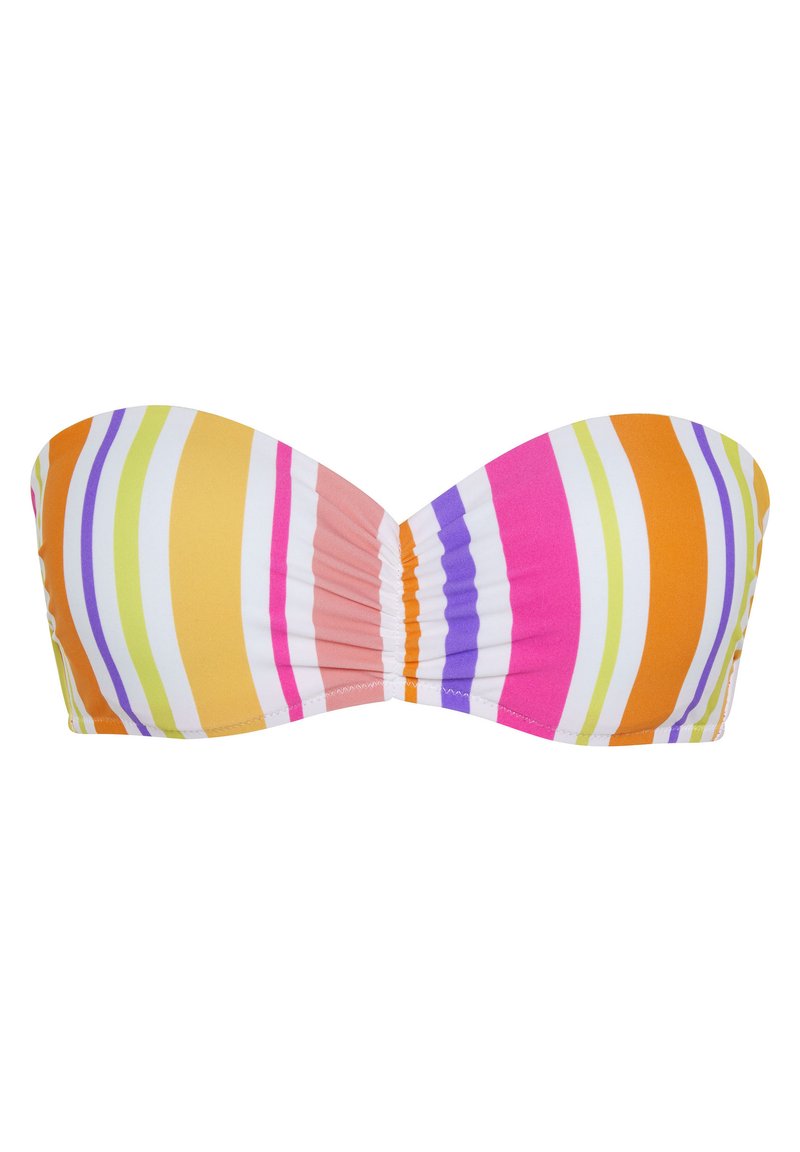 Gestreifter Bandeau-Bikini-Oberteil mit pinken, orangen, gelben und grünen Linien. Hergestellt aus glattem Stoff mit geraffter Textur in der Mitte.