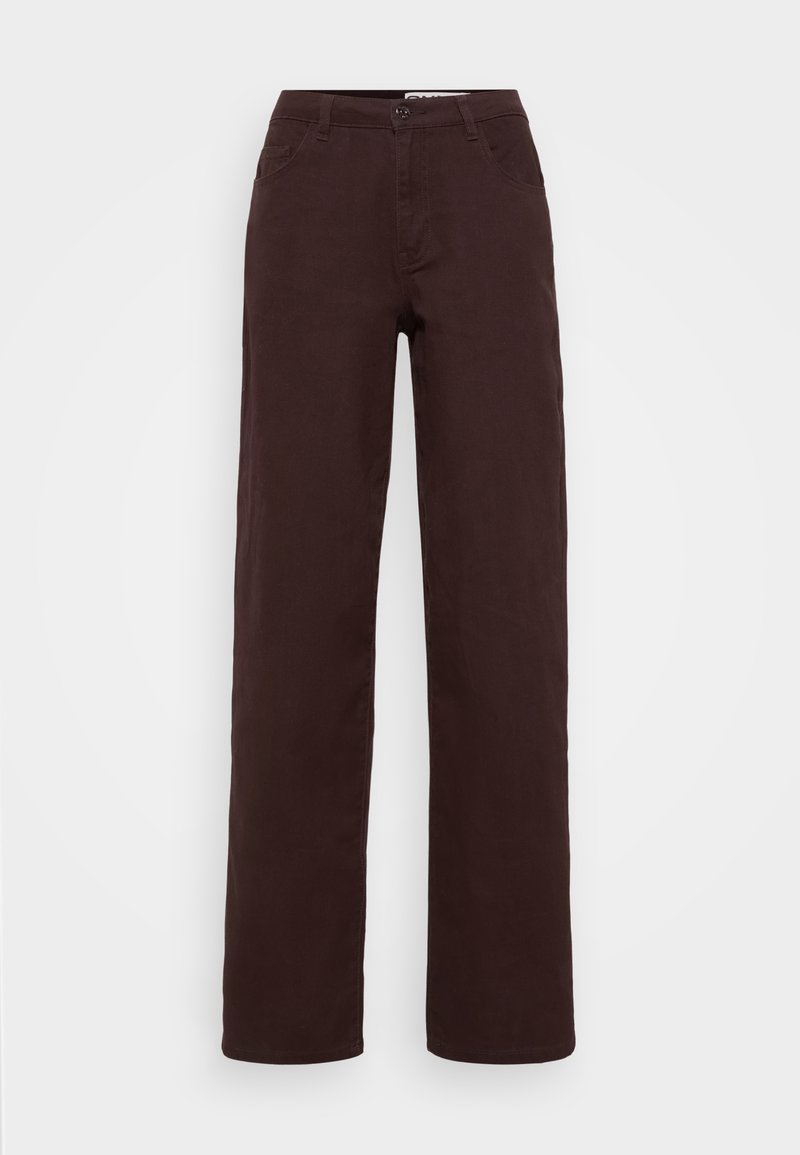 Braune, hochtaillierte Hose mit geradem Bein, ausgestattet mit zwei Vordertaschen und einer glatten Textur. Metallknopf und Reißverschluss.