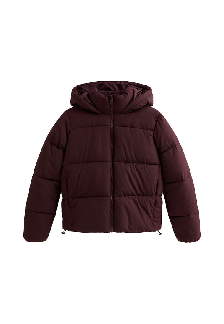 Burgunderfarbene Daunenjacke mit Kapuze, ausgestattet mit einem Reißverschluss, gestepptem Textur und elastischen Bündchen für Wärme und Komfort.