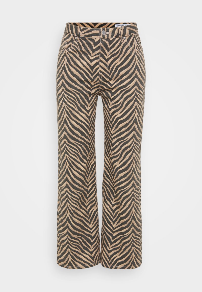 Hose mit weitem Bein im Zebra-Print, mit beigen und schwarzen Streifen, aus weichem Stoff, mit Fronttaschen und Knopfverschluss.