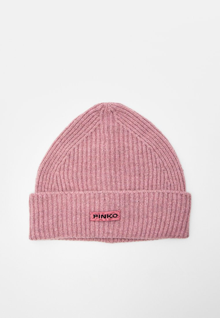 Weiche rosa gerippte Strickmütze mit umgeschlagenem Bündchen und rechteckigem Etikett mit schwarzem Schriftzug "PINKO" auf rosa Hintergrund.