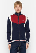 Marineblaues Zip-Up Sweatshirt mit roten und weißen Akzenten, durchgehendem Reißverschluss, hohem Kragen sowie gestreiften gerippten Bündchen und Saum.