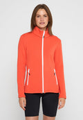 Orange Zip-Jacke mit hohem Kragen, ausgestattet mit zwei Reißverschlusstaschen und weißen Akzenten. Glatte Textur, taillierte Passform und lange Ärmel.