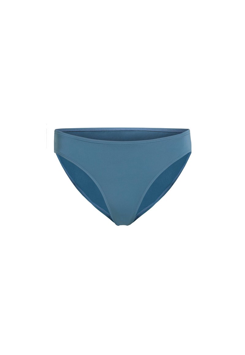 Blauer Bikini-Höschen mit glatter, strukturierter Oberfläche, moderater Abdeckung und seitlichen Einsätzen in einem dunkleren Blauton. Schlankes, einfaches Design.