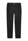 Schwarze Jeans aus Denim mit schmaler Passform, ausgestattet mit einem Knopfverschluss, fünf Taschen und minimalen Nähten, geeignet für legere Anlässe.