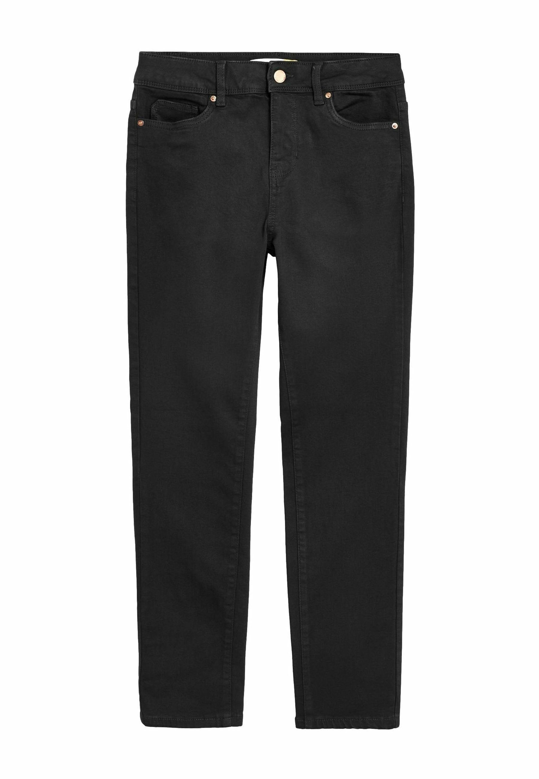 Schwarze Jeans aus Denim mit schmaler Passform, ausgestattet mit einem Knopfverschluss, fünf Taschen und minimalen Nähten, geeignet für legere Anlässe.