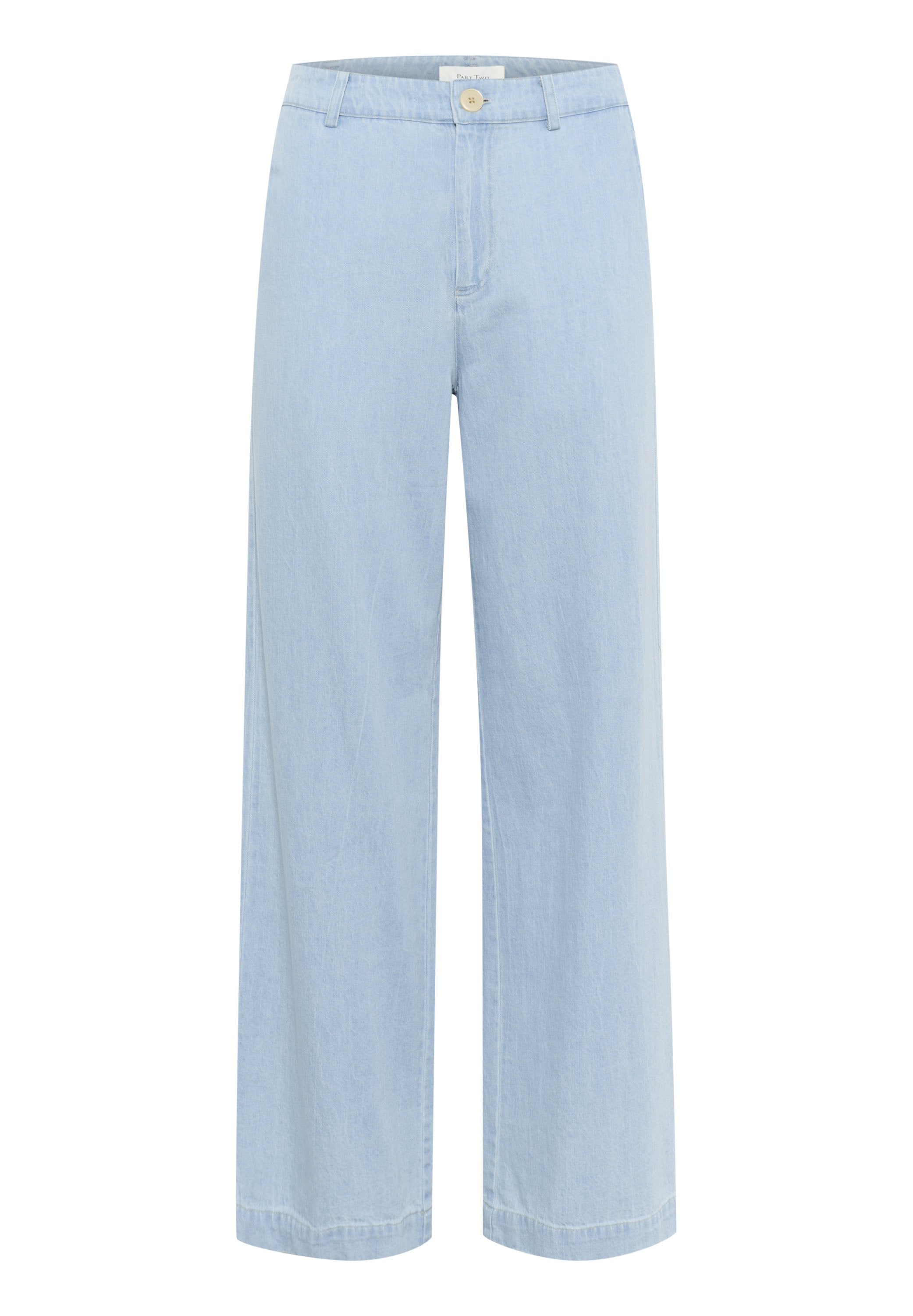 Helle blaue, weit geschnittene Jeans-Hosen mit Reißverschluss, Knopfverschluss und subtiler Textur. Sie verfügen über zwei vordere Taschen und einen sauberen Saum.