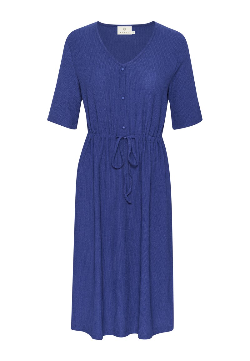 Blau gestreiftes Kleid mit kurzen Ärmeln, V-Ausschnitt, Knöpfen vorne und einem Taillengürtel zur Anpassung der Passform. Weicher Stoff, knielanges Design.