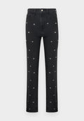 Schwarze Jeans mit geradem Bein und silbernen, kleinen Stickereien von Bienen, die gleichmäßig über die Vorderseite verteilt sind.