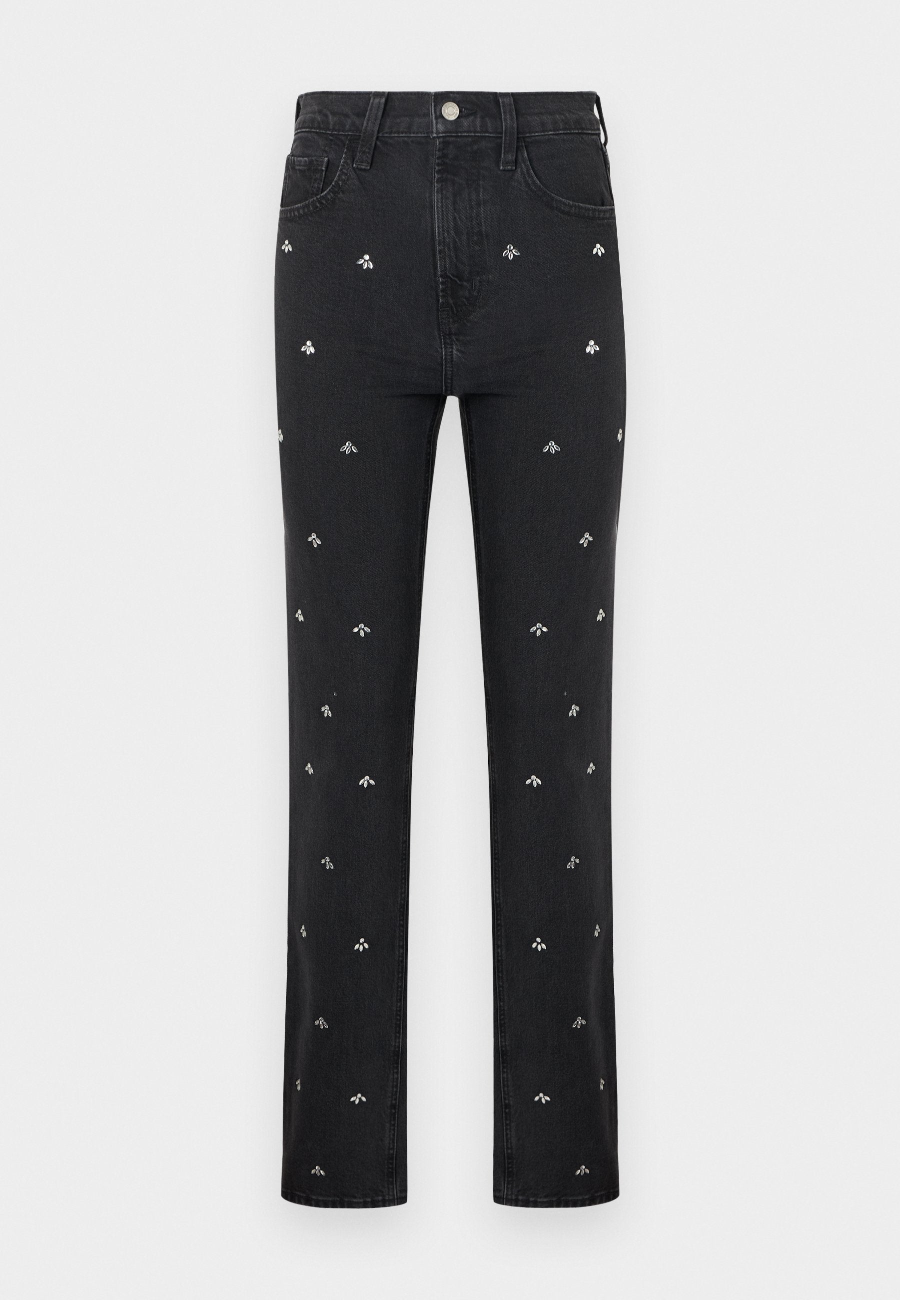 Schwarze Jeans mit geradem Bein und silbernen, kleinen Stickereien von Bienen, die gleichmäßig über die Vorderseite verteilt sind.