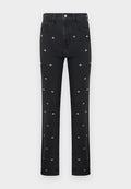 Schwarze Jeans mit geradem Bein und silbernen, kleinen Stickereien von Bienen, die gleichmäßig über die Vorderseite verteilt sind.