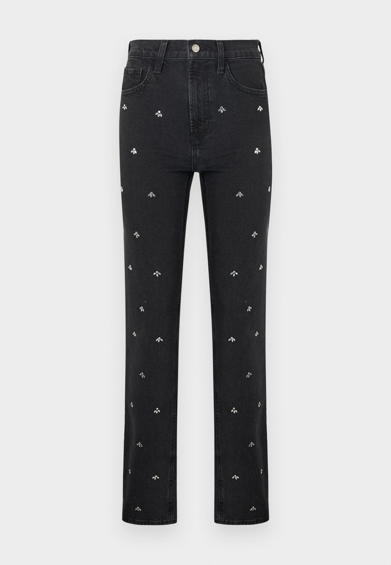 Schwarze Jeans mit geradem Bein und silbernen, kleinen Stickereien von Bienen, die gleichmäßig über die Vorderseite verteilt sind.