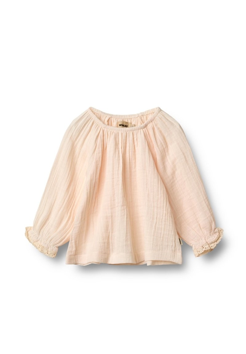 Helles rosa Bluse aus weichem, strukturiertem Stoff, mit einem gerafften Ausschnitt und puffärmel mit Spitze. Lockere Passform.