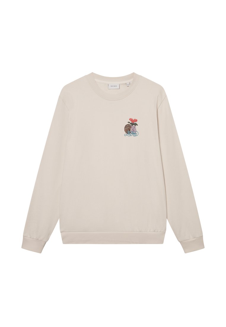 Hellbeige Sweatshirt aus weichem Material, mit einem kleinen bunten Motiv auf der Brust, langen Ärmeln und gerippten Bündchen.
