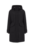 Schwarze Parkajacke mit Kapuze, ausgestattet mit verstellbaren Kordeln, zwei großen Fronttaschen und einem Reißverschlussdesign. Glatte, matte Textur.