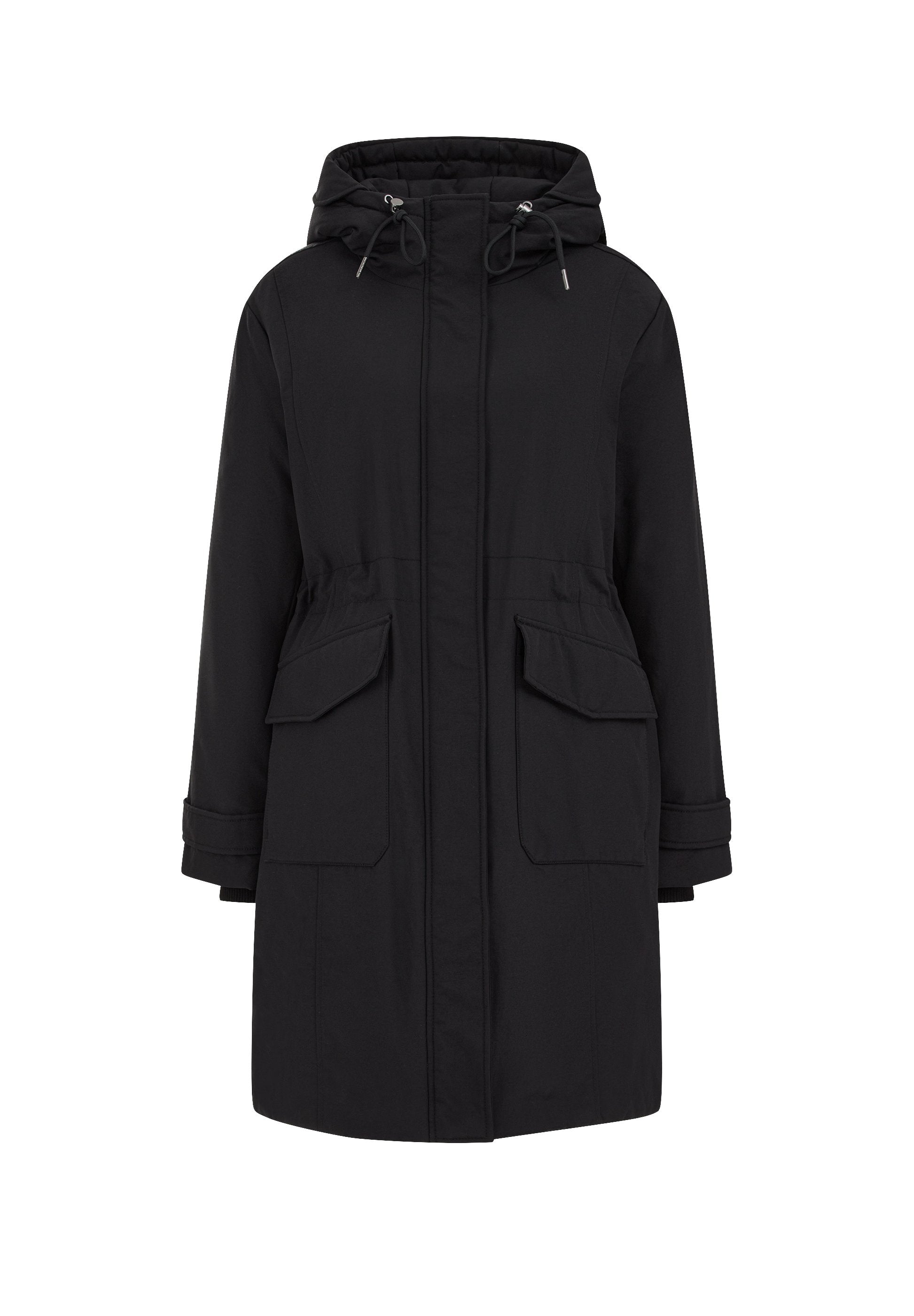 Schwarze Parkajacke mit Kapuze, ausgestattet mit verstellbaren Kordeln, zwei großen Fronttaschen und einem Reißverschlussdesign. Glatte, matte Textur.