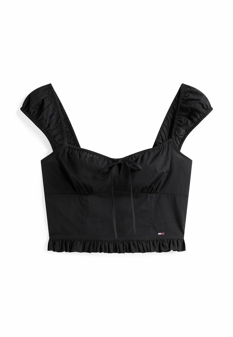 Schwarzes, kurzes Top mit quadratischem Ausschnitt, gerafftem Saum und kurzen Puffärmeln. Mit einer Schleifen-Detail vorne. Hergestellt aus glattem Stoff.