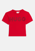 Rotes Baumwoll-T-Shirt mit kurzen Ärmeln, das das Wort "HUGO" in schwarzen Nieten auf der Vorderseite zeigt. Rundhalsausschnitt, gerade geschnitten.