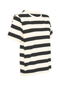 Schwarz-weiß gestreiftes T-Shirt, kurze Ärmel, runder Ausschnitt, lässiger Schnitt, glattes Baumwollmaterial, mit Schulterdetails.