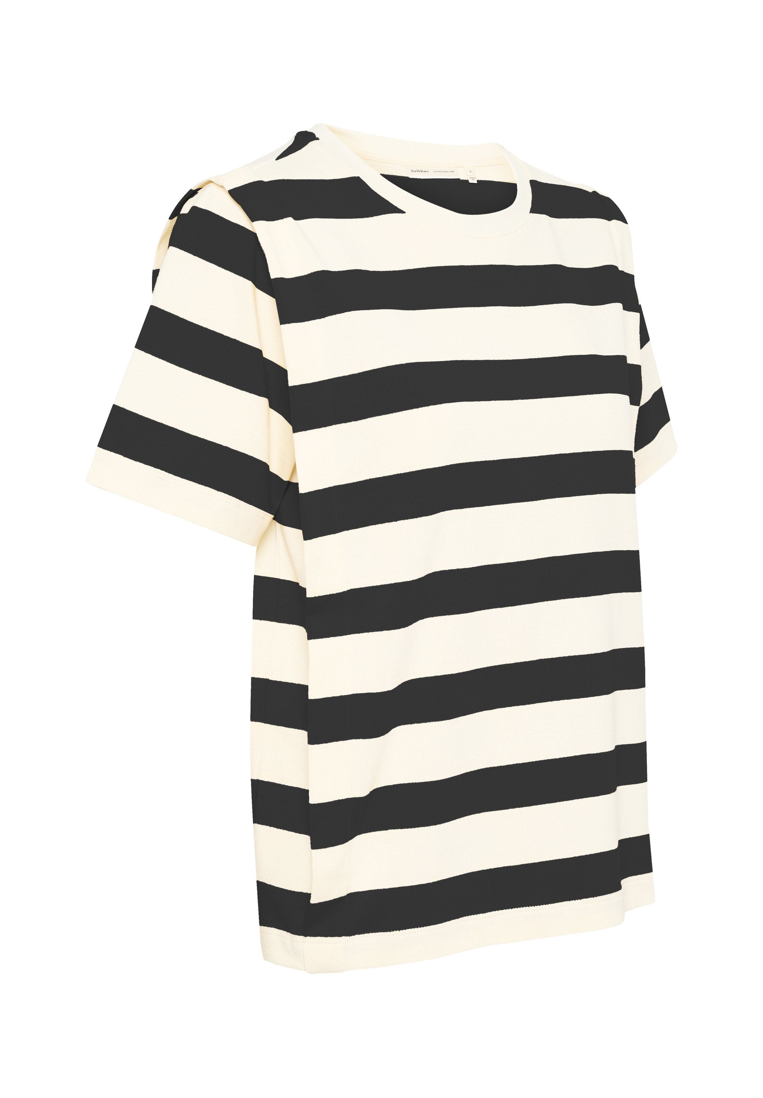 Schwarz-weiß gestreiftes T-Shirt, kurze Ärmel, runder Ausschnitt, lässiger Schnitt, glattes Baumwollmaterial, mit Schulterdetails.