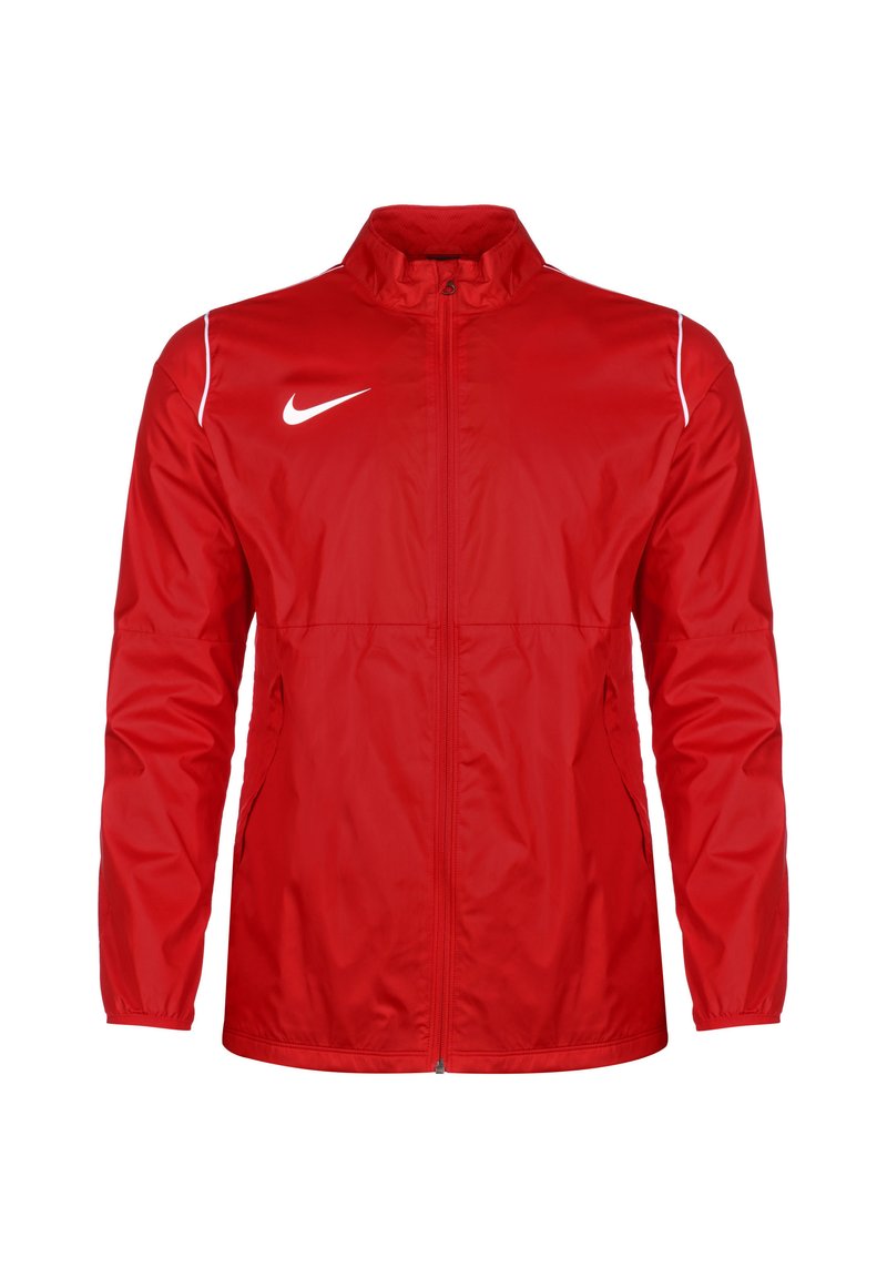 Rote Nike-Jacke mit vollem Reißverschluss, hohem Kragen, weißen Akzenten an den Schultern und Seitentaschen, hergestellt aus leichtem, glattem Material.