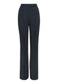Maßgeschneiderte schwarze Hosen mit geradem Bein, glattem Stoff, vorderen Falten und hohem Bund, geeignet für formelle Anlässe.