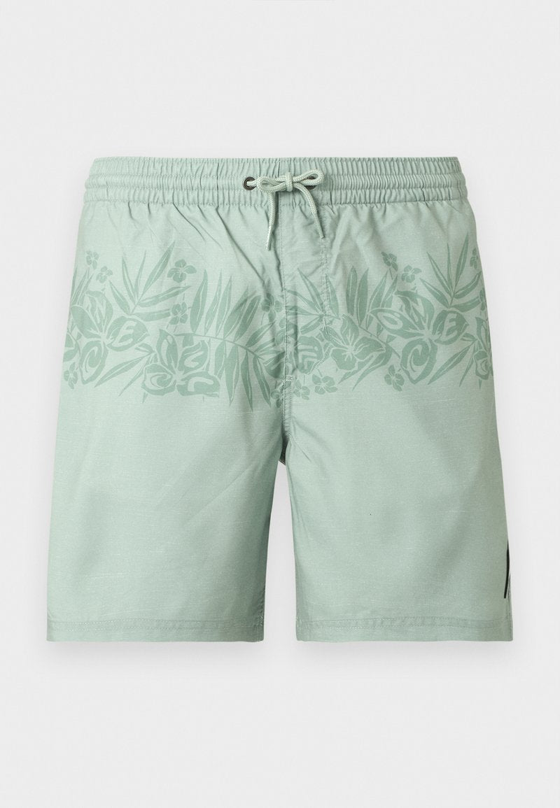 Hellgrüne Badeshorts mit elastischem Bund, Kordelzug und dezentem tropischem Blatt- und Blumenmuster über der Hüfte.