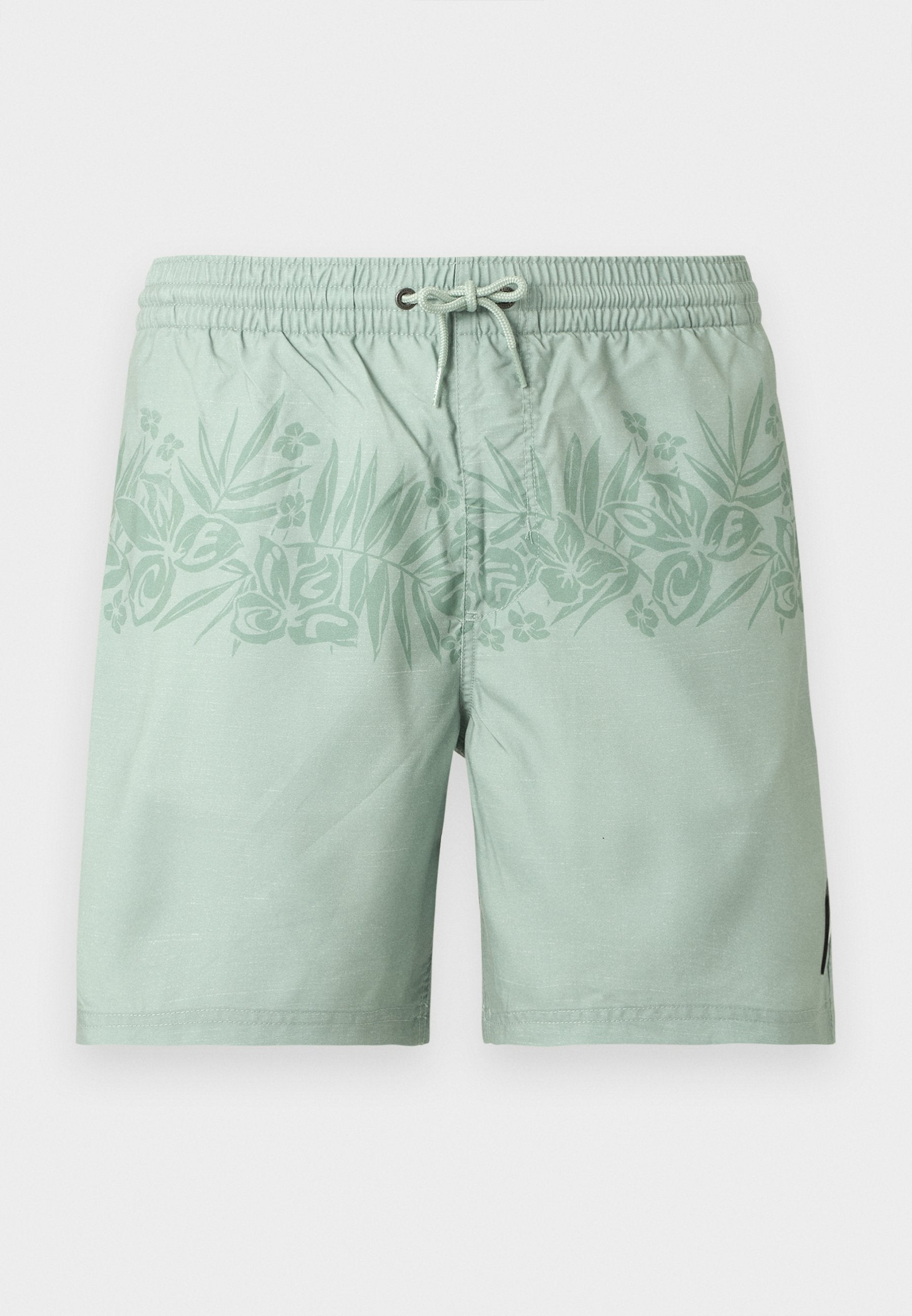 Hellgrüne Badeshorts mit elastischem Bund, Kordelzug und dezentem tropischem Blatt- und Blumenmuster über der Hüfte.