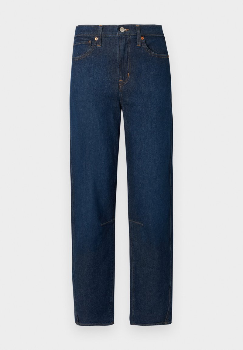 Dunkelblaue Jeans aus Denim mit geradem Bein, Fünf-Taschen-Design und kontrastierenden Nähten. Ohne Verzierungen.