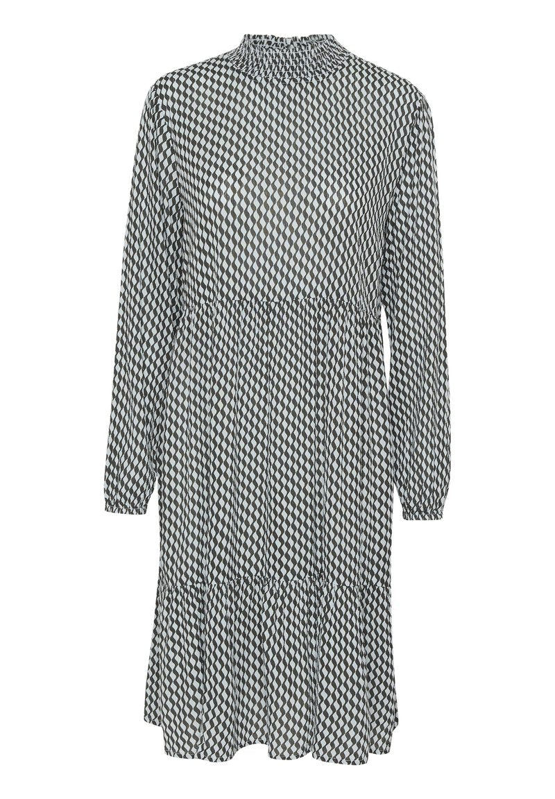 Langärmliges Kleid mit hohem Kragen, das ein geometrisches Schwarz-Weiß-Muster aufweist, einen elastischen Bund hat und im Design einen schichtenförmigen Rock besitzt.