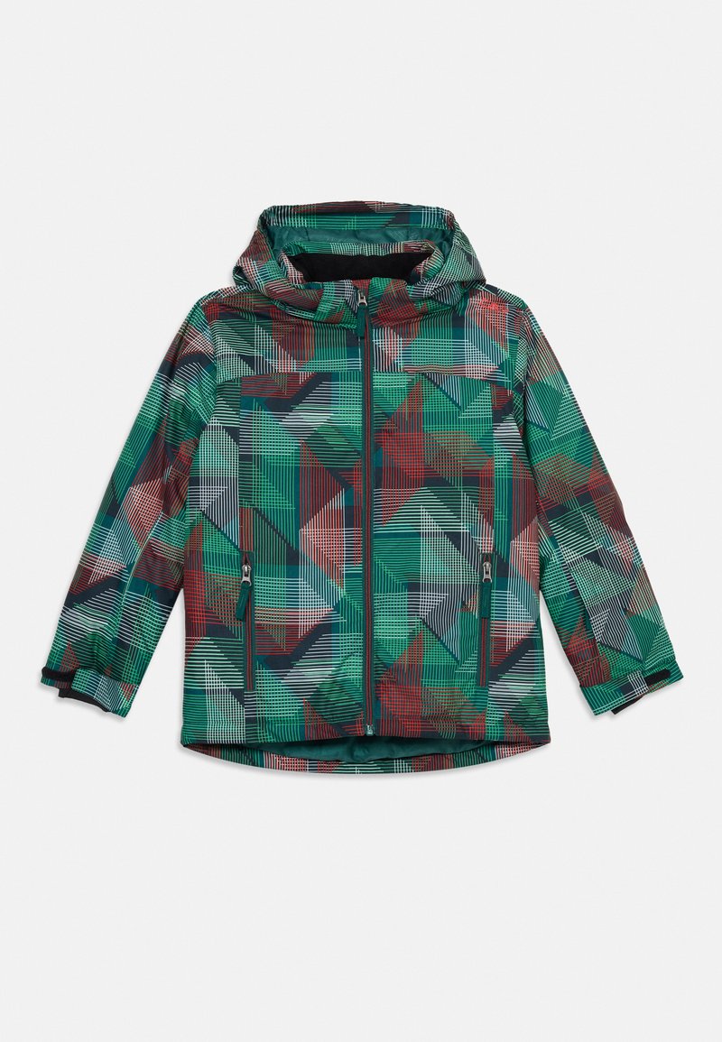 Kinder Kapuzenjacke mit Frontreißverschluss und Taschen, mit einem bunten geometrischen Muster in Grün-, Rot-, Schwarz- und Weißtönen.