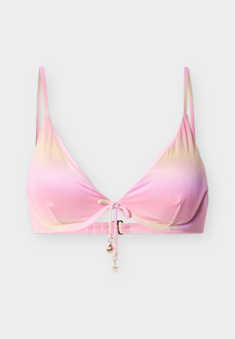 Bikinioberteil in Rosa- und Beigetönen mit Farbverlauf, dreieckig geschnitten, verstellbaren dünnen Trägern, vorderseitiger Schnürung mit kleinen Muschel- und Seesternanhängern sowie Rückverschluss mit Öse.