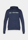 Dunkelblauer Hoodie aus einem Baumwollmix. Verfügt über eine Kängurutasche, eine Zugkordelkapuze und ein weißes "HOSSEGOR"-Logo auf der Vorderseite.