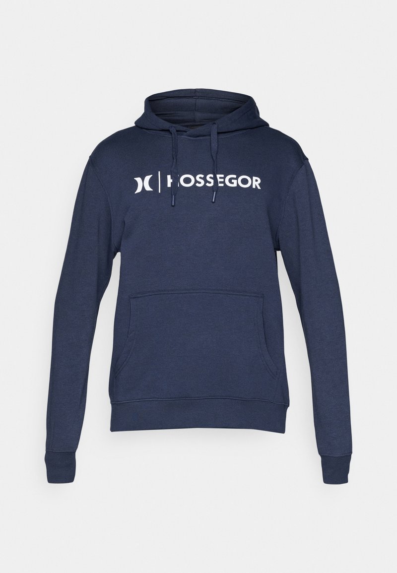 Dunkelblauer Hoodie aus einem Baumwollmix. Verfügt über eine Kängurutasche, eine Zugkordelkapuze und ein weißes "HOSSEGOR"-Logo auf der Vorderseite.